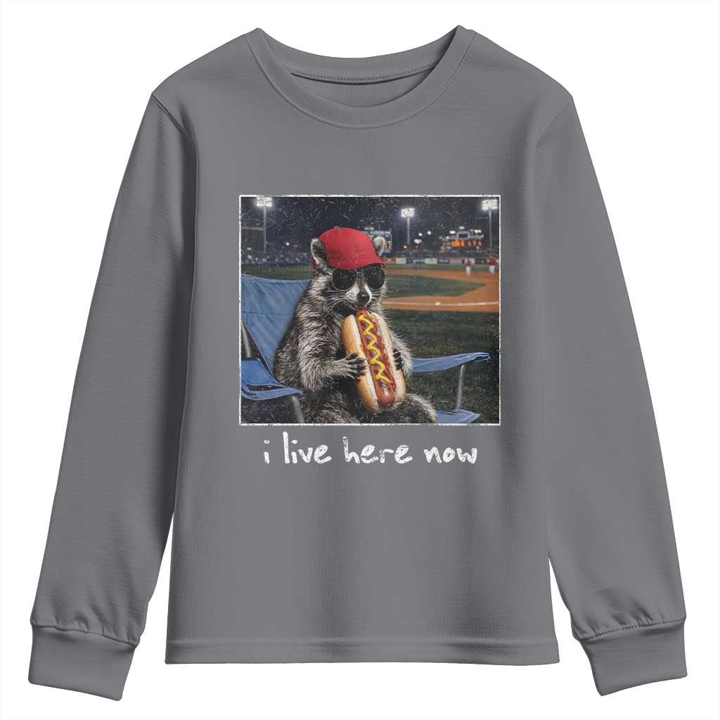 Baseball Raccoon I Live Here Now Youth Sweatshirt Funny Trash Panda Eating Hot Dog Ballfield TS11 Charcoal Print Your Wear