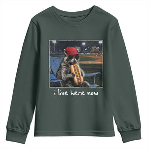 Baseball Raccoon I Live Here Now Youth Sweatshirt Funny Trash Panda Eating Hot Dog Ballfield TS11 Dark Forest Green Print Your Wear