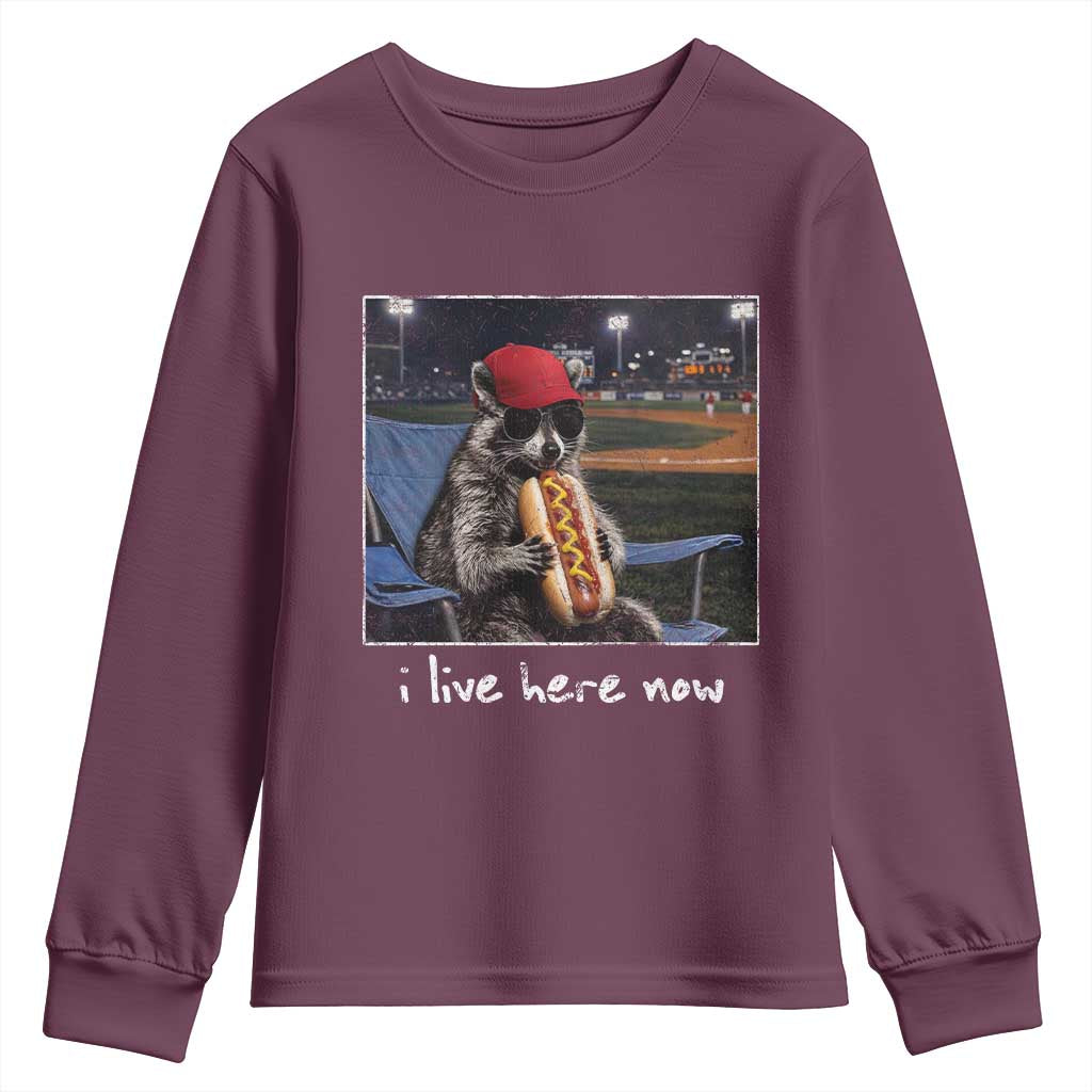 Baseball Raccoon I Live Here Now Youth Sweatshirt Funny Trash Panda Eating Hot Dog Ballfield TS11 Maroon Print Your Wear