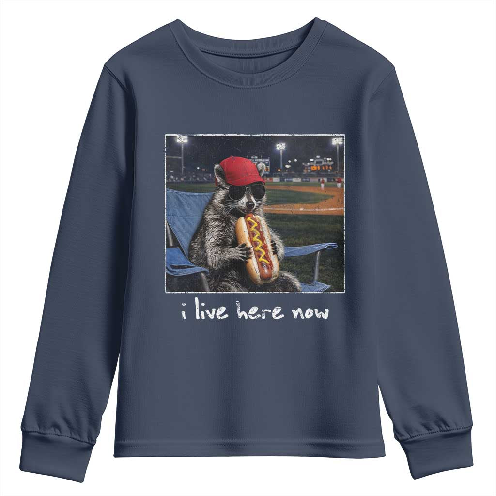Baseball Raccoon I Live Here Now Youth Sweatshirt Funny Trash Panda Eating Hot Dog Ballfield TS11 Navy Print Your Wear