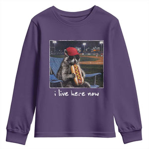 Baseball Raccoon I Live Here Now Youth Sweatshirt Funny Trash Panda Eating Hot Dog Ballfield TS11 Purple Print Your Wear