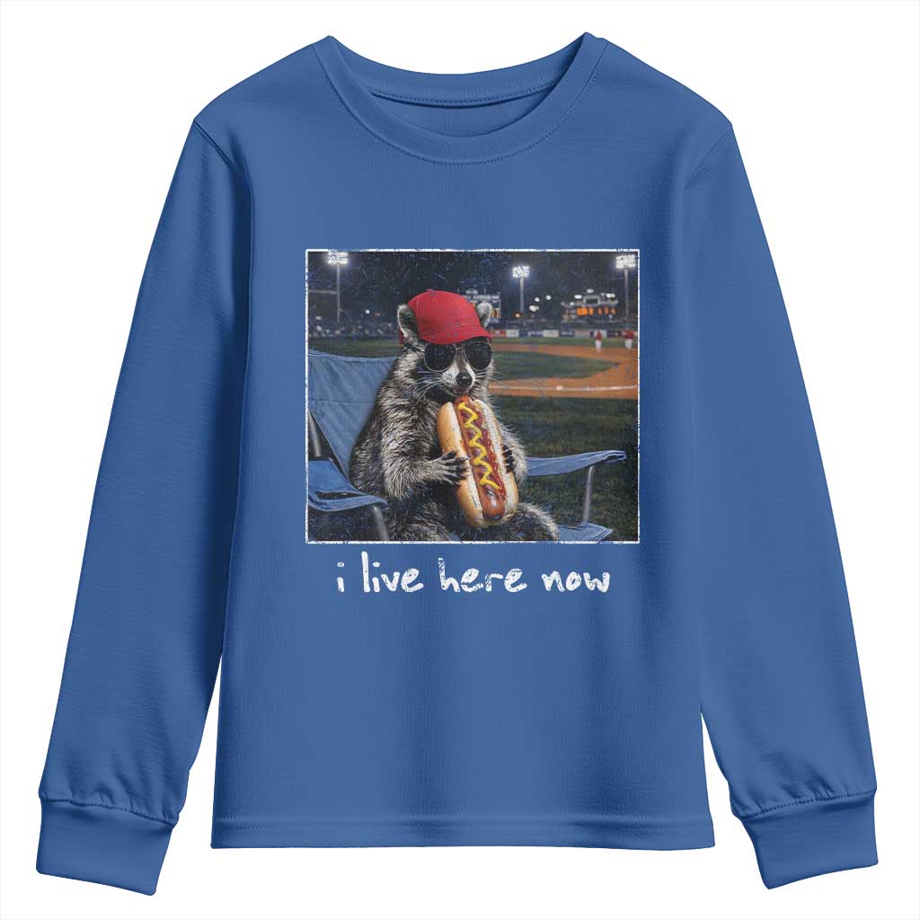 Baseball Raccoon I Live Here Now Youth Sweatshirt Funny Trash Panda Eating Hot Dog Ballfield TS11 Royal Blue Print Your Wear