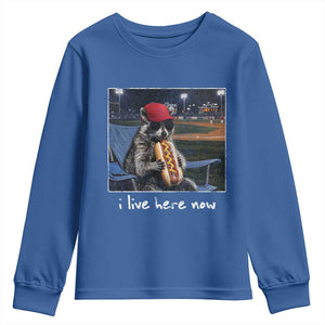 Baseball Raccoon I Live Here Now Youth Sweatshirt Funny Trash Panda Eating Hot Dog Ballfield TS11 Royal Blue Print Your Wear
