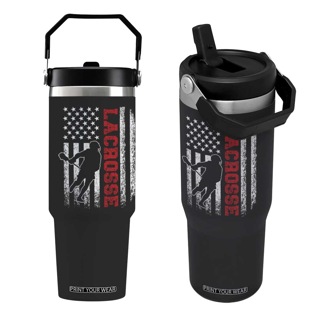 Lacrosse American Flag Lax Men 4th of July Flip Straw Tumbler TS11 One Size: 30 oz Black Print Your Wear