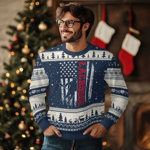 Lacrosse American Flag Lax Men 4th of July Ugly Christmas Sweater TS11 Navy Beige Print Your Wear