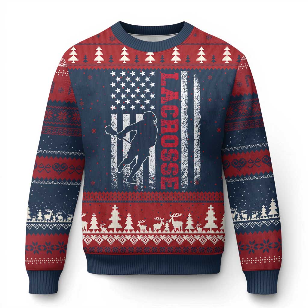 Lacrosse American Flag Lax Men 4th of July Ugly Christmas Sweater TS11 Navy Red Print Your Wear