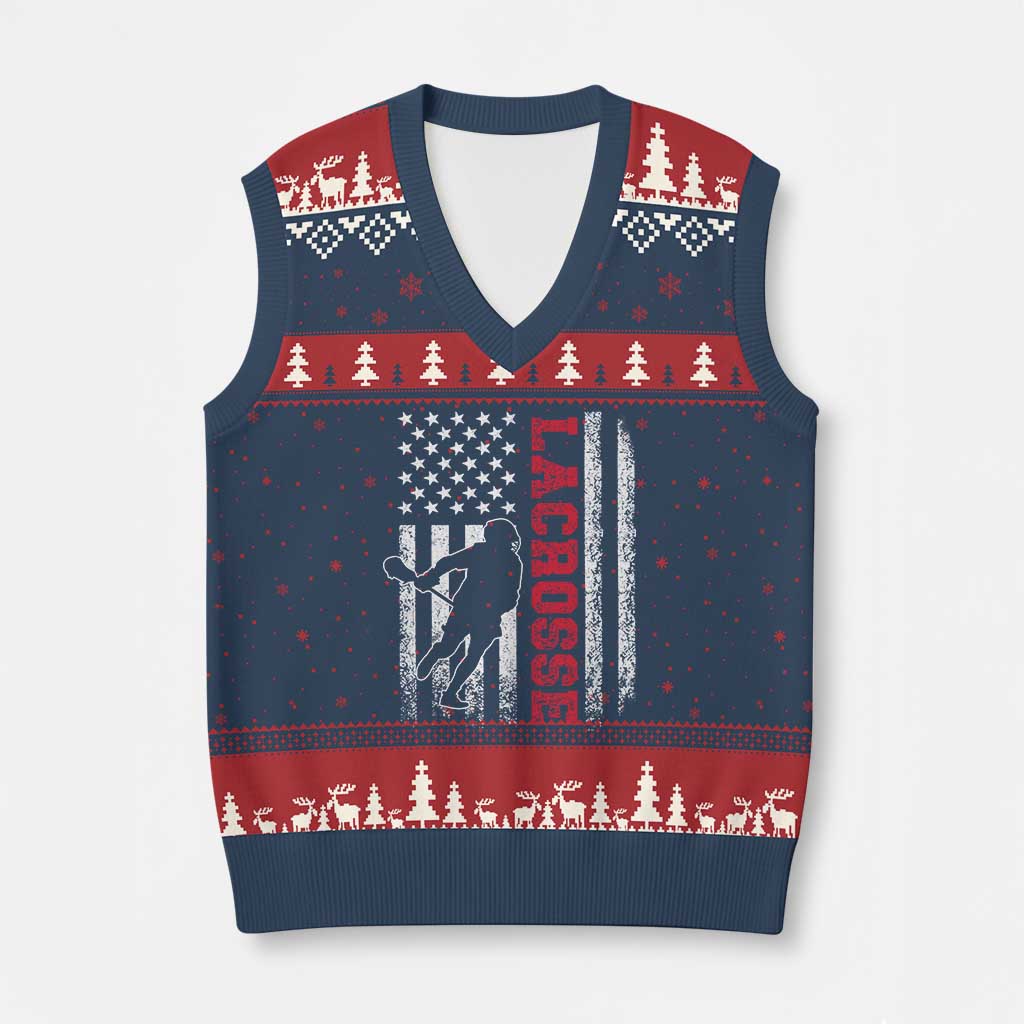 Lacrosse American Flag Lax Men 4th of July V-Neck Knit Sweater Vest TS11 Navy Red Print Your Wear