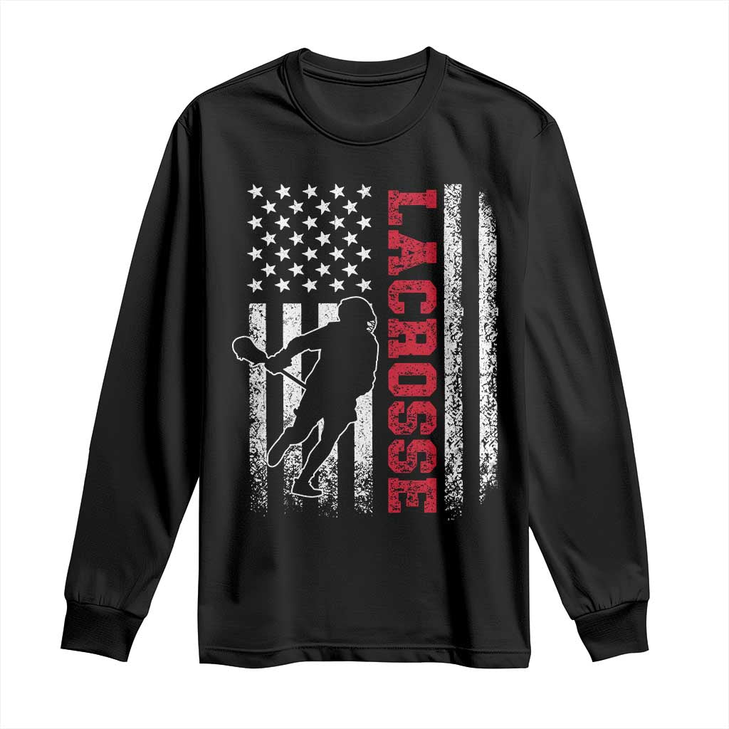 Lacrosse American Flag Lax Men 4th of July Long Sleeve Shirt TS11 Black Print Your Wear
