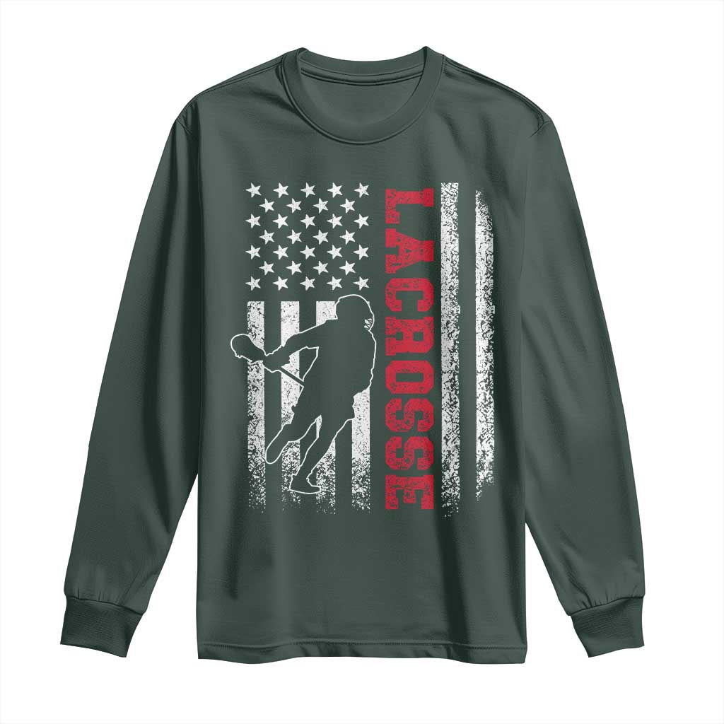 Lacrosse American Flag Lax Men 4th of July Long Sleeve Shirt TS11 Dark Forest Green Print Your Wear