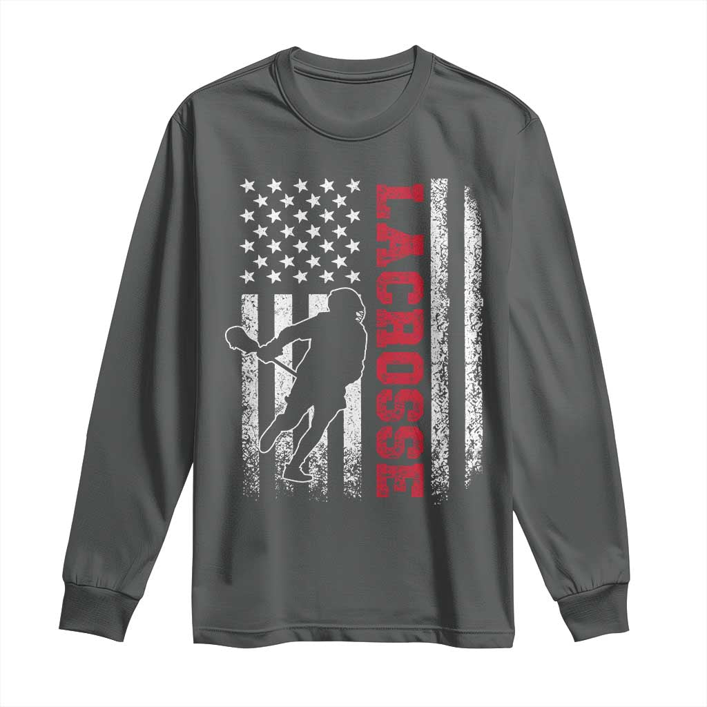 Lacrosse American Flag Lax Men 4th of July Long Sleeve Shirt TS11 Dark Heather Print Your Wear