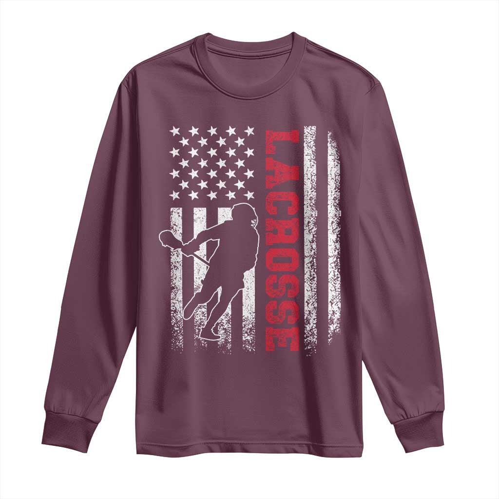 Lacrosse American Flag Lax Men 4th of July Long Sleeve Shirt TS11 Maroon Print Your Wear