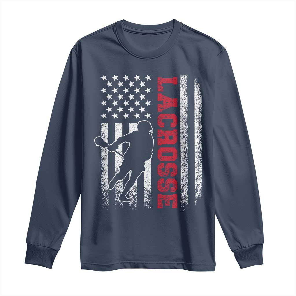 Lacrosse American Flag Lax Men 4th of July Long Sleeve Shirt TS11 Navy Print Your Wear