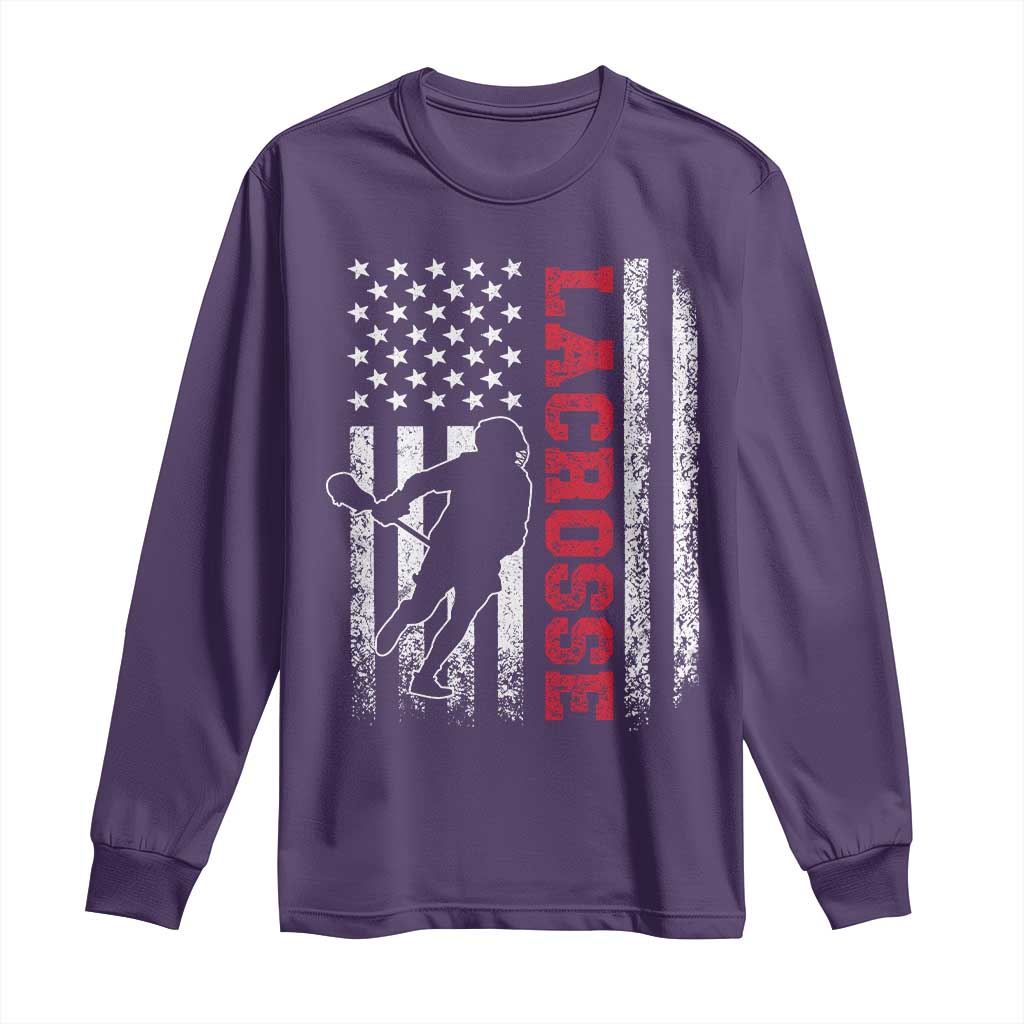 Lacrosse American Flag Lax Men 4th of July Long Sleeve Shirt TS11 Purple Print Your Wear