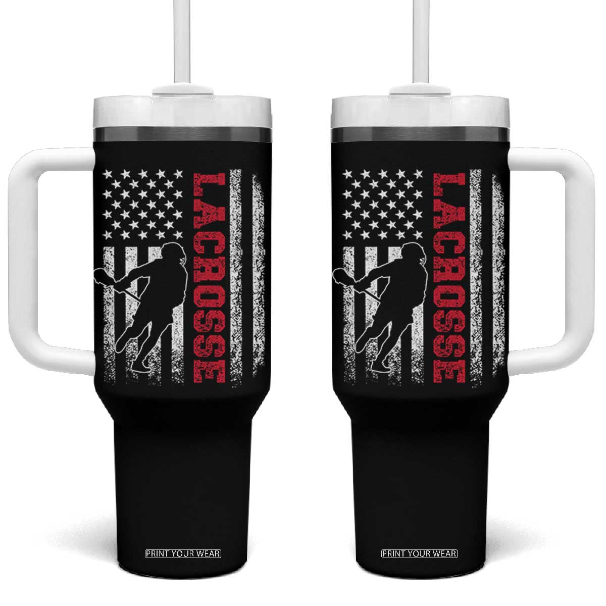 Lacrosse American Flag Lax Men 4th of July Tumbler With Handle TS11 One Size: 40 oz Black Print Your Wear