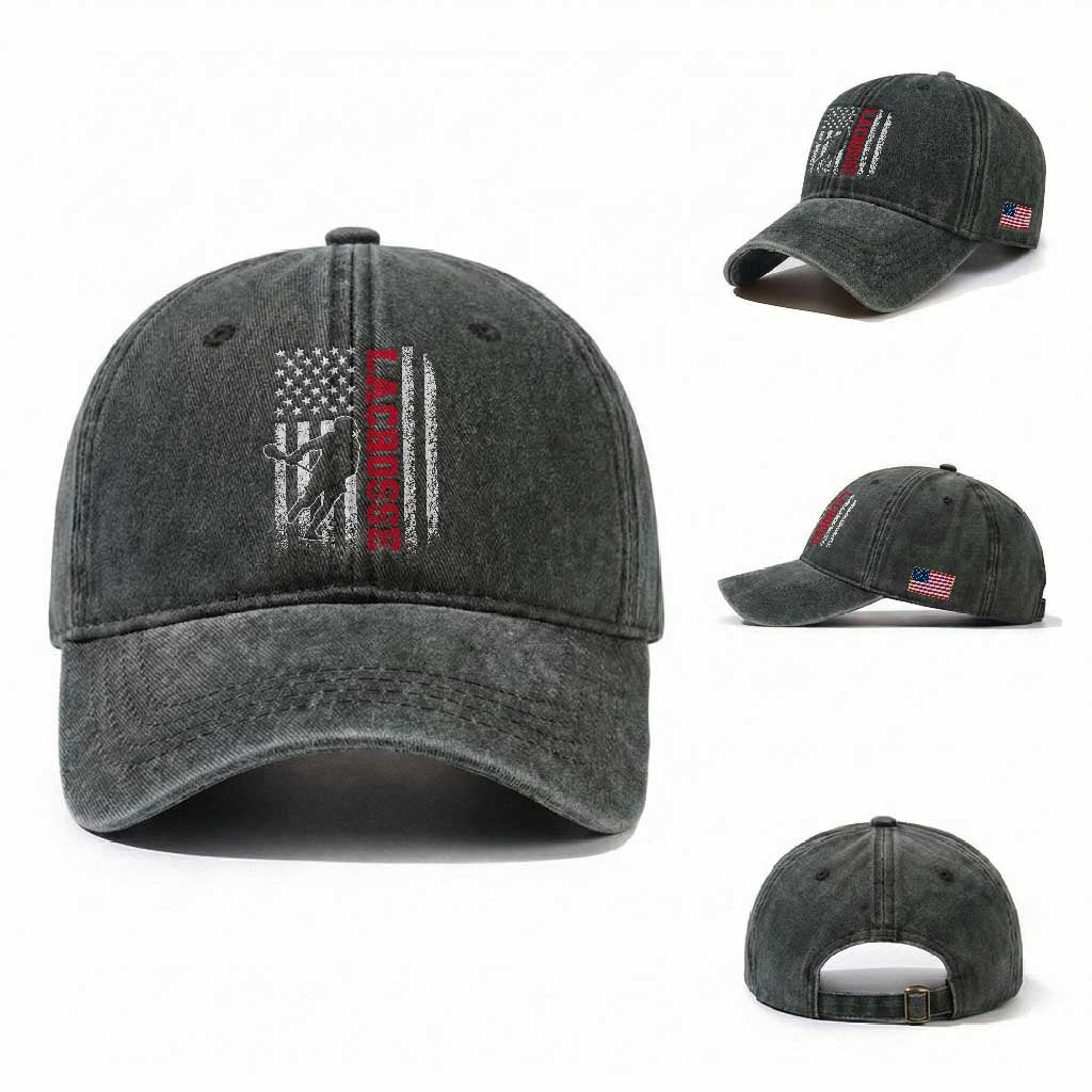 Lacrosse American Flag Lax Men 4th of July Washed Cotton Baseball Cap TS11 Washed Cap Universal Fit Dark Green Print Your Wear