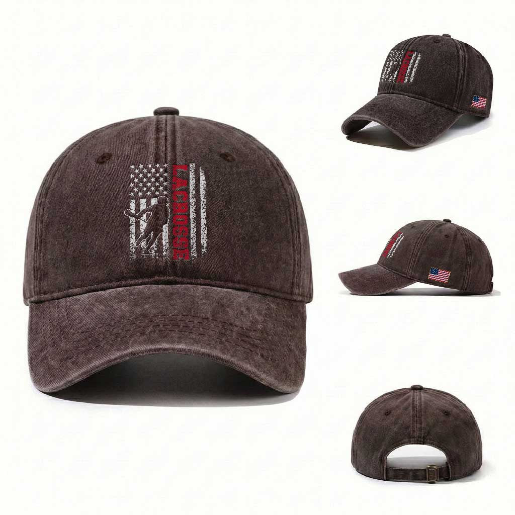 Lacrosse American Flag Lax Men 4th of July Washed Cotton Baseball Cap TS11 Washed Cap Universal Fit Dark Brown Print Your Wear