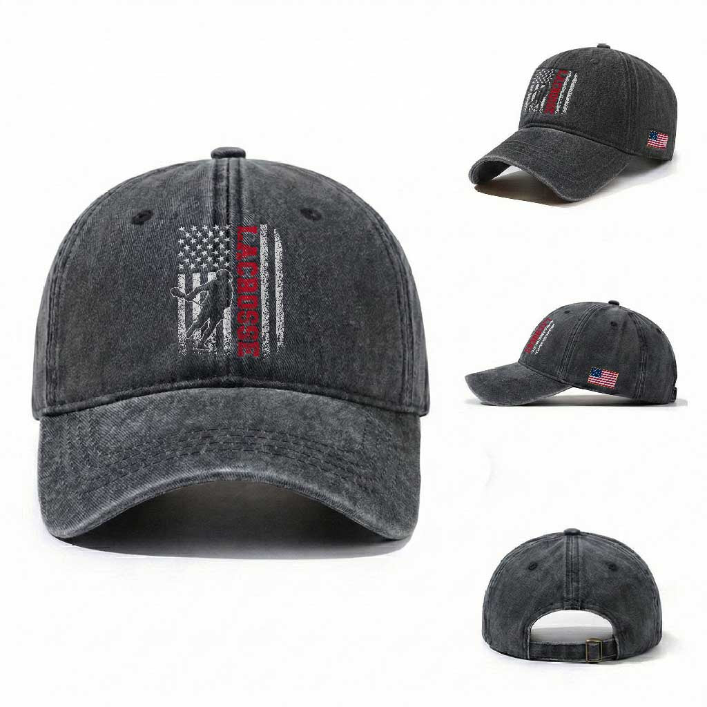 Lacrosse American Flag Lax Men 4th of July Washed Cotton Baseball Cap TS11 Washed Cap Universal Fit Dark Gray Print Your Wear