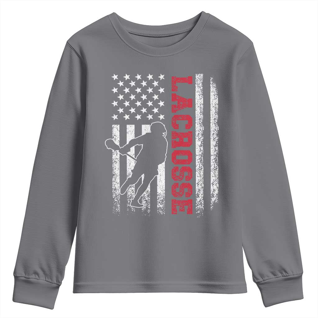 Lacrosse American Flag Lax Men 4th of July Youth Sweatshirt TS11 Charcoal Print Your Wear