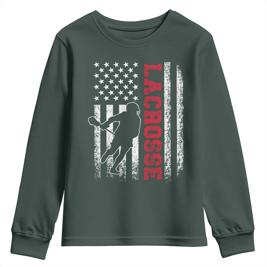 Lacrosse American Flag Lax Men 4th of July Youth Sweatshirt TS11 Dark Forest Green Print Your Wear