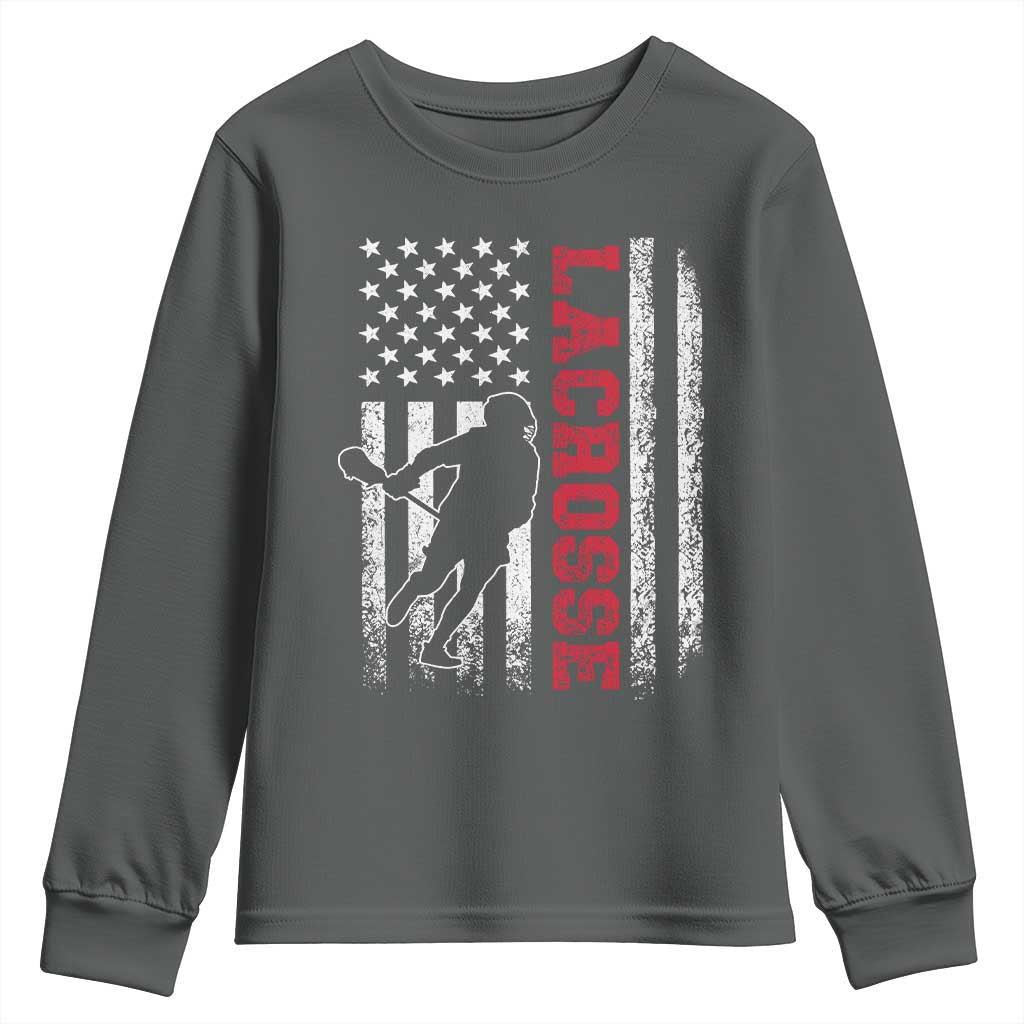 Lacrosse American Flag Lax Men 4th of July Youth Sweatshirt TS11 Dark Heather Print Your Wear