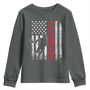 Lacrosse American Flag Lax Men 4th of July Youth Sweatshirt TS11 Dark Heather Print Your Wear