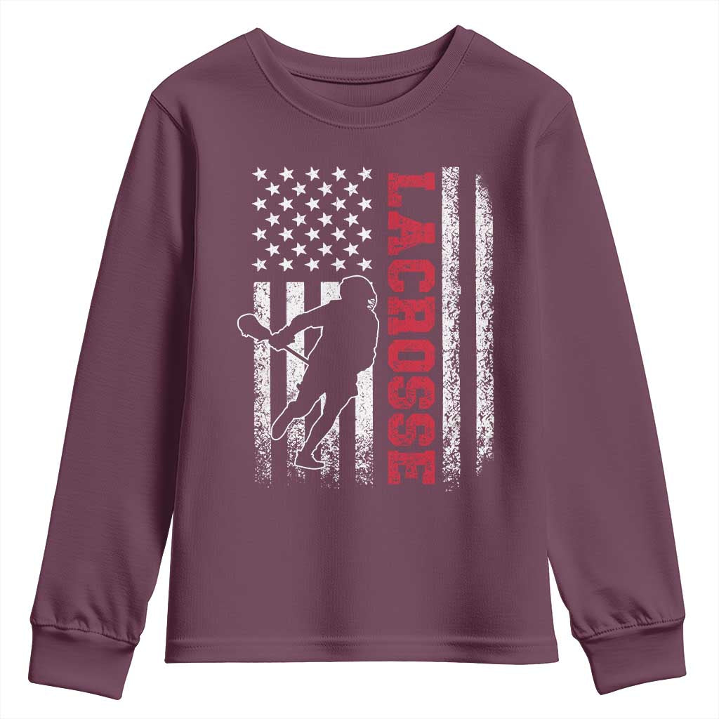 Lacrosse American Flag Lax Men 4th of July Youth Sweatshirt TS11 Maroon Print Your Wear