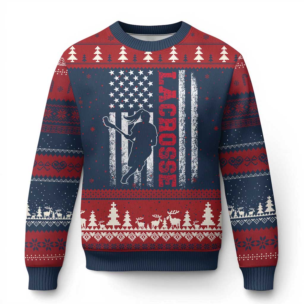 Lacrosse American Flag Lax Women 4th of July Ugly Christmas Sweater TS11 Navy Red Print Your Wear