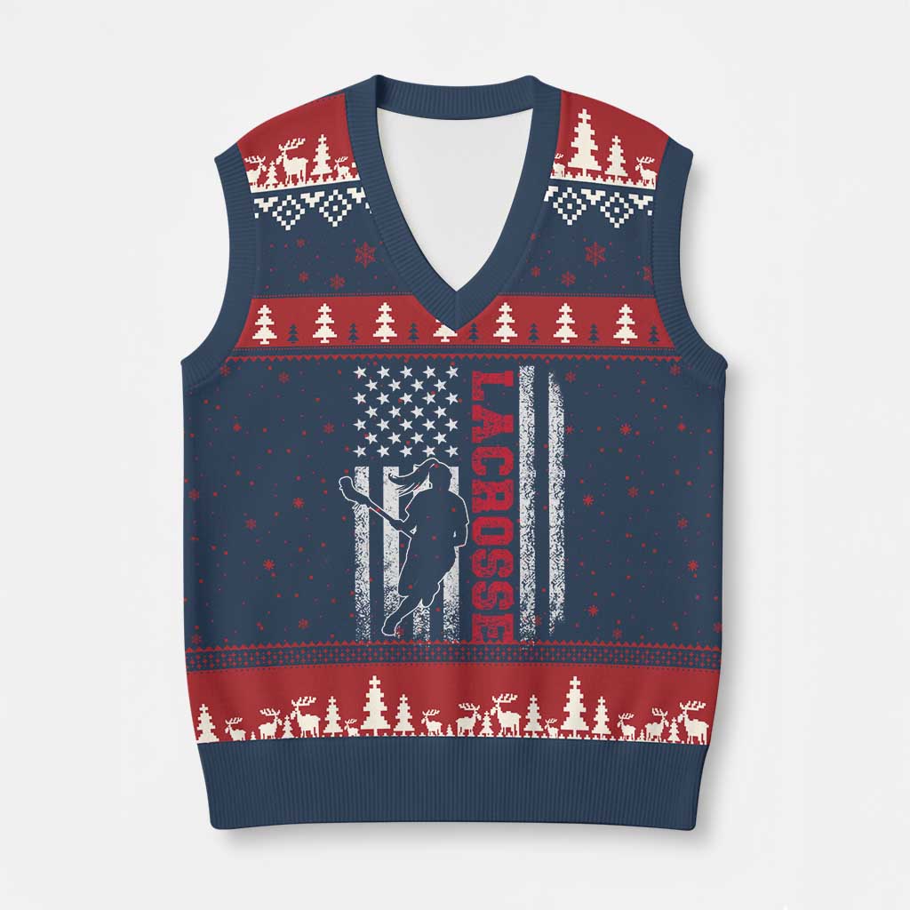 Lacrosse American Flag Lax Women 4th of July V-Neck Knit Sweater Vest TS11 Navy Red Print Your Wear