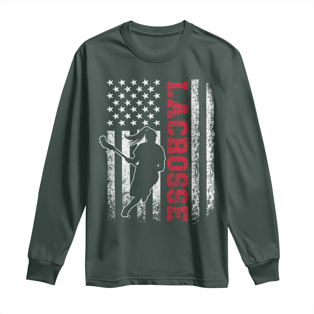Lacrosse American Flag Lax Women 4th of July Long Sleeve Shirt TS11 Dark Forest Green Print Your Wear