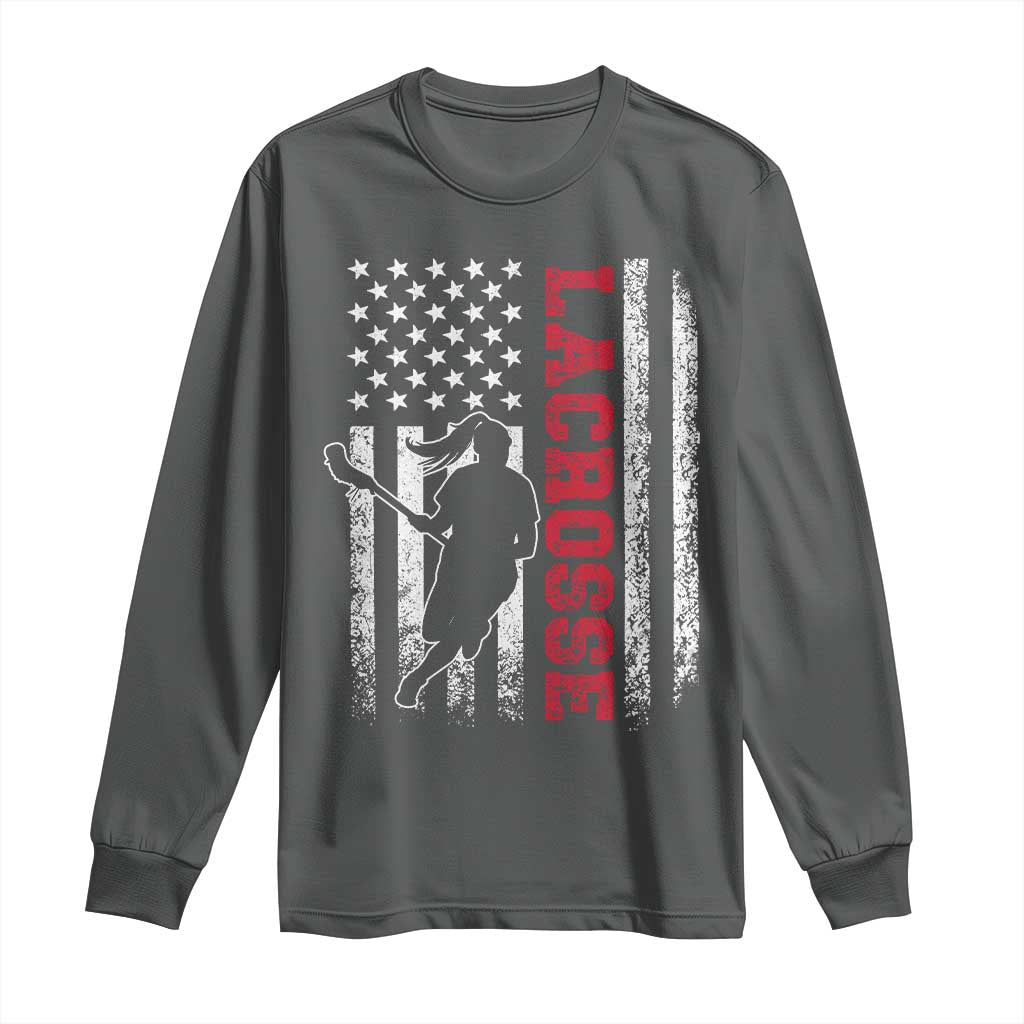 Lacrosse American Flag Lax Women 4th of July Long Sleeve Shirt TS11 Dark Heather Print Your Wear