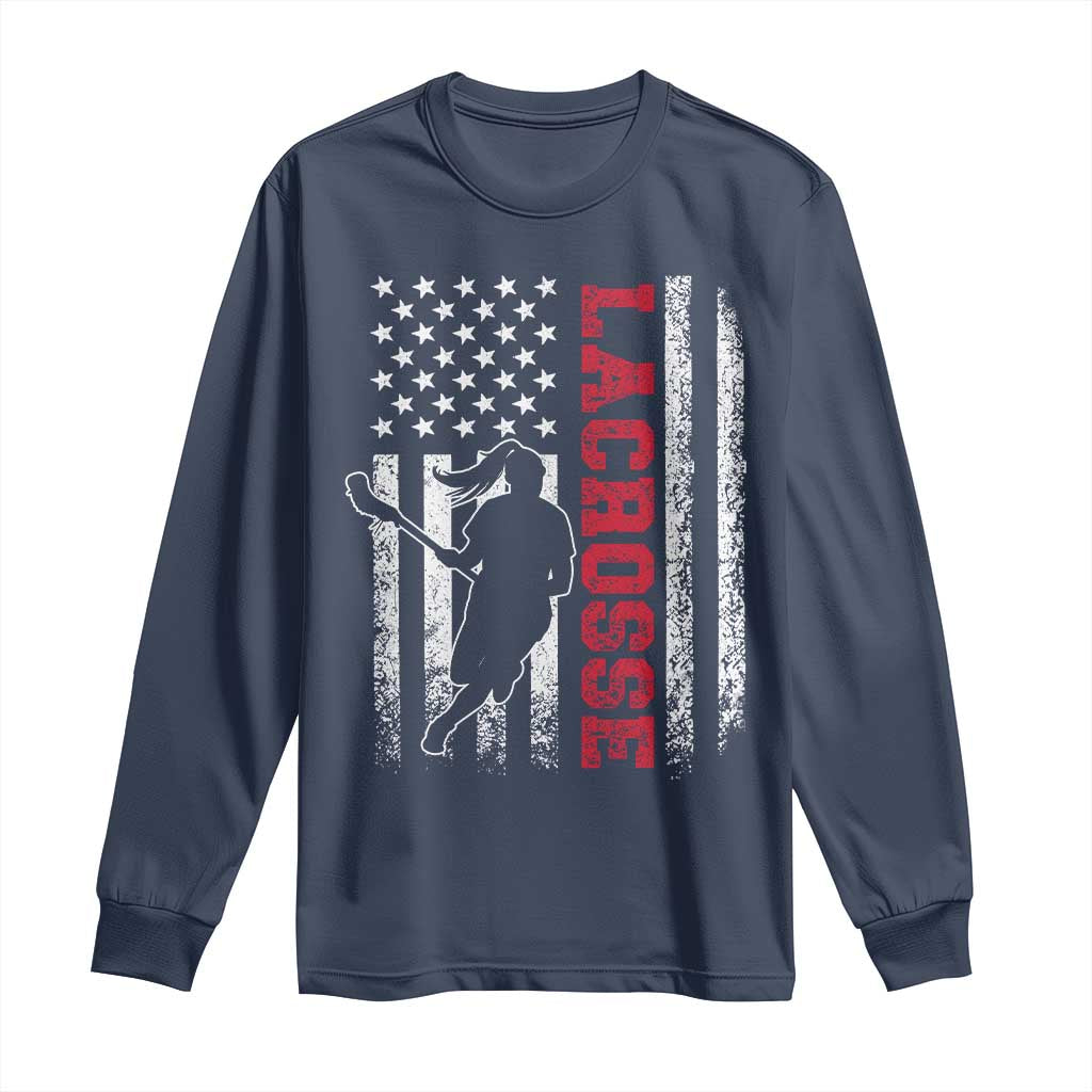Lacrosse American Flag Lax Women 4th of July Long Sleeve Shirt TS11 Navy Print Your Wear