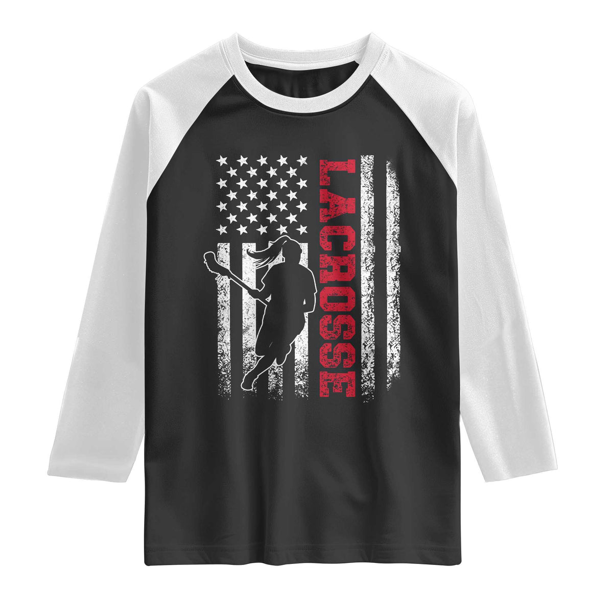 Lacrosse American Flag Lax Women 4th of July Raglan Shirt TS11 Black White Print Your Wear