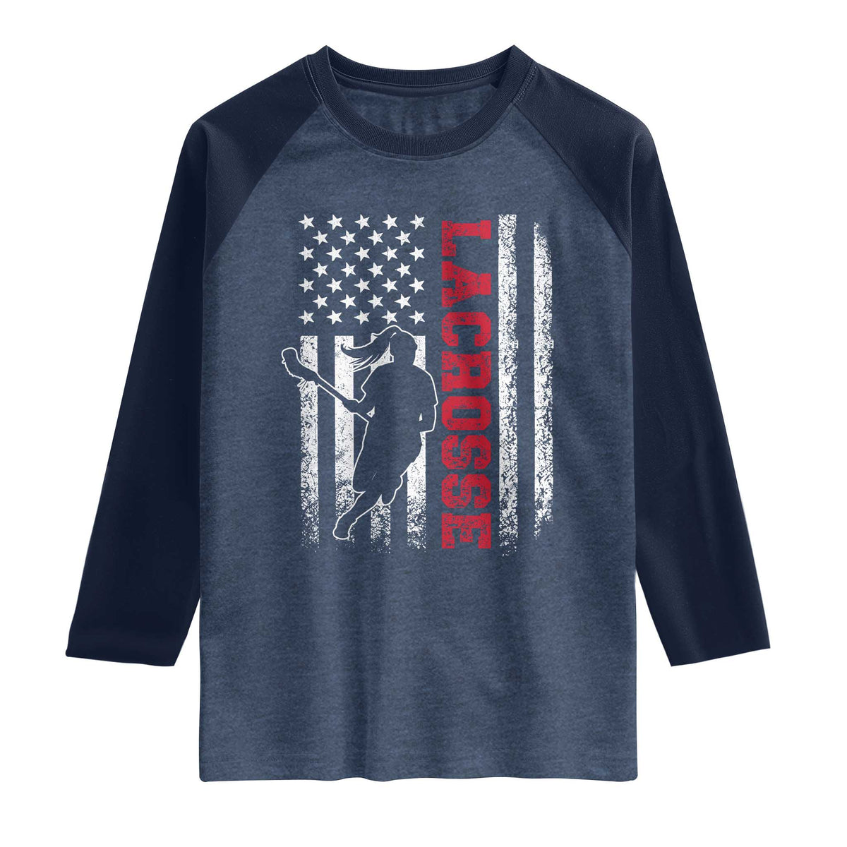 Lacrosse American Flag Lax Women 4th of July Raglan Shirt TS11 Heather Denim Navy Print Your Wear