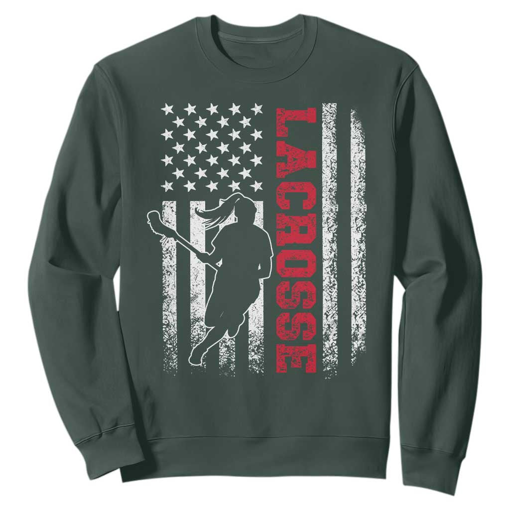 Lacrosse American Flag Lax Women 4th of July Sweatshirt TS11 Dark Forest Green Print Your Wear