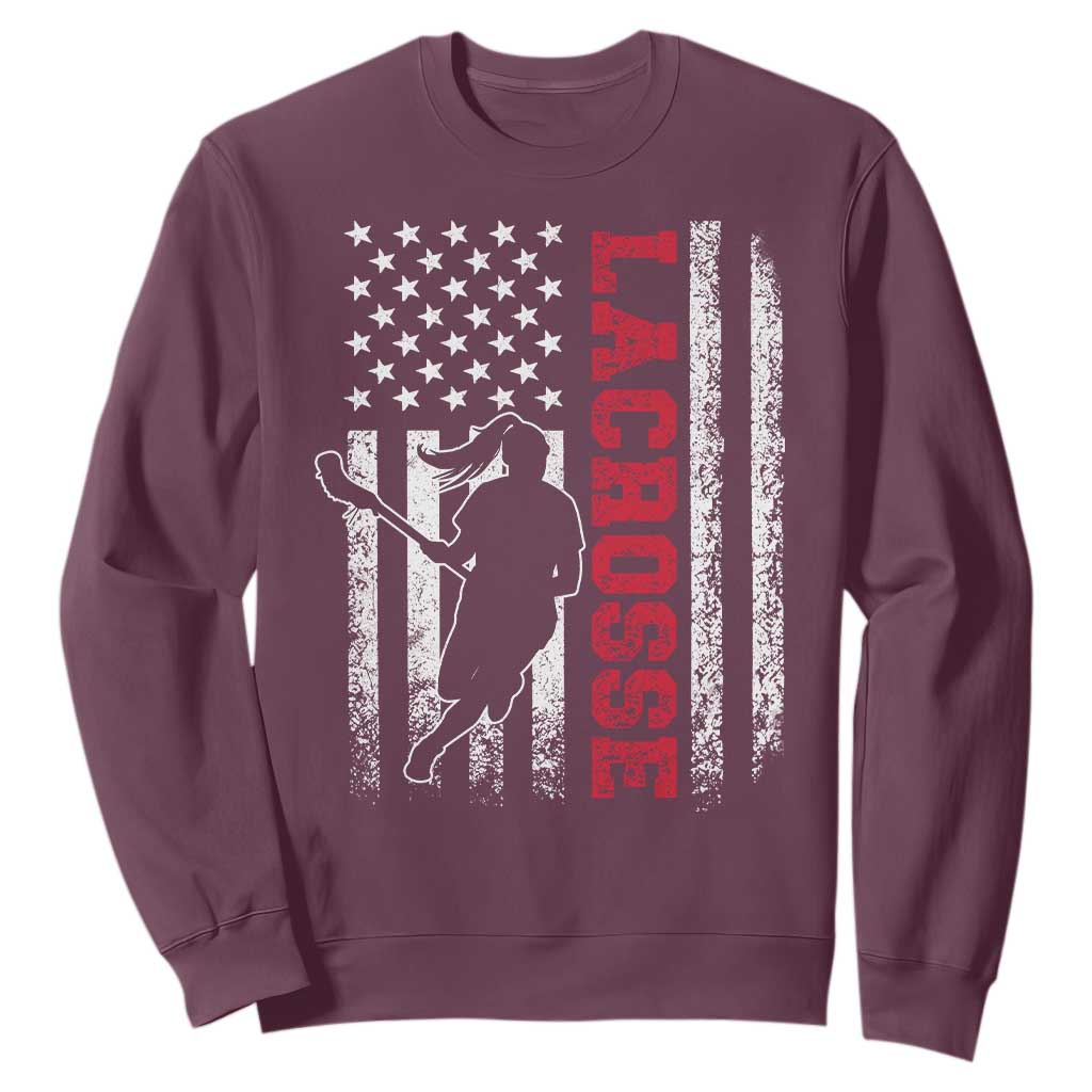 Lacrosse American Flag Lax Women 4th of July Sweatshirt TS11 Maroon Print Your Wear