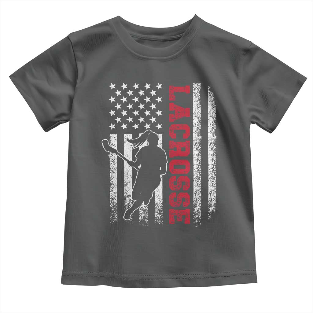 Lacrosse American Flag Lax Women 4th of July Toddler T Shirt TS11 Dark Heather Print Your Wear