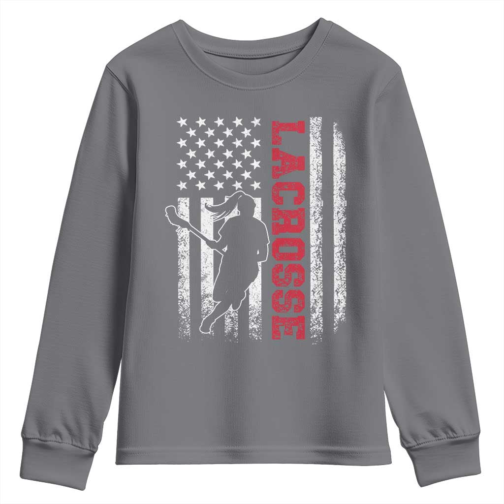Lacrosse American Flag Lax Women 4th of July Youth Sweatshirt TS11 Charcoal Print Your Wear