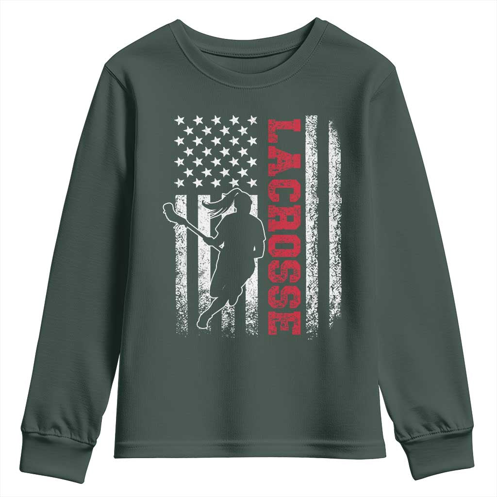 Lacrosse American Flag Lax Women 4th of July Youth Sweatshirt TS11 Dark Forest Green Print Your Wear