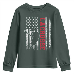 Lacrosse American Flag Lax Women 4th of July Youth Sweatshirt TS11 Dark Forest Green Print Your Wear