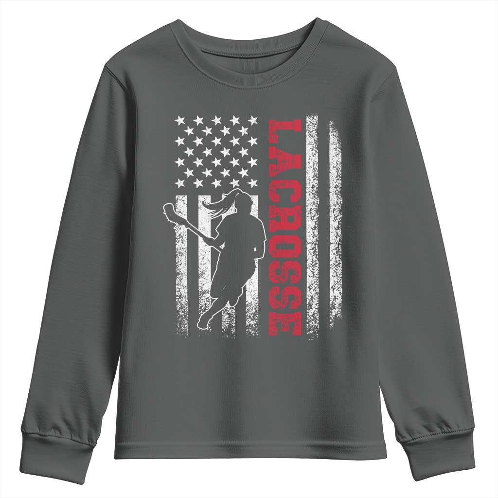 Lacrosse American Flag Lax Women 4th of July Youth Sweatshirt TS11 Dark Heather Print Your Wear