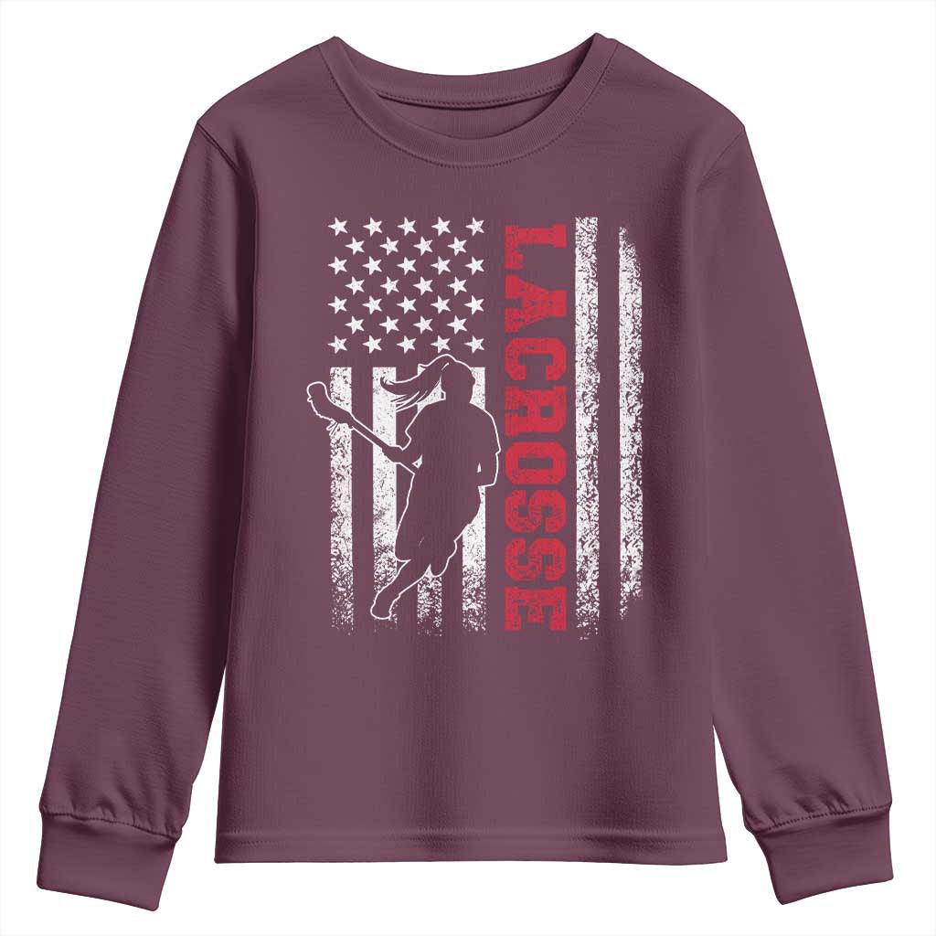 Lacrosse American Flag Lax Women 4th of July Youth Sweatshirt TS11 Maroon Print Your Wear