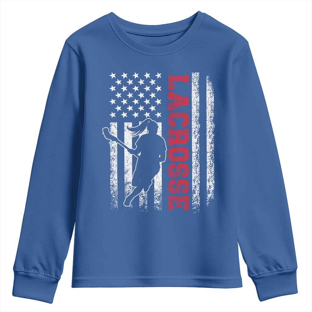 Lacrosse American Flag Lax Women 4th of July Youth Sweatshirt TS11 Royal Blue Print Your Wear
