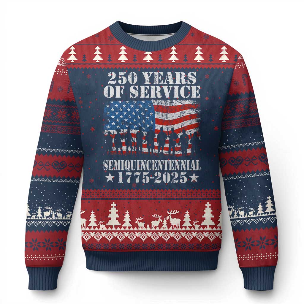 250 Years Of Service Semiquincentennial Ugly Christmas Sweater US Military Army Birthday American Flag - Print Your Wear