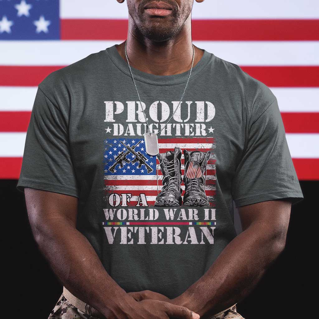 Proud Daughter Of A World War II Veteran T Shirt American Flag Army Boots TS11 Dark Heather Print Your Wear