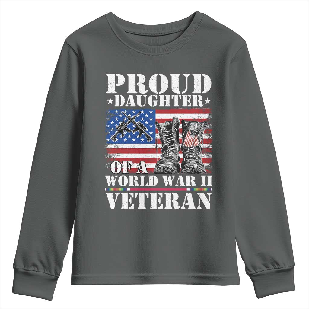 Proud Daughter Of A World War II Veteran Youth Sweatshirt American Flag Army Boots TS11 Dark Heather Print Your Wear