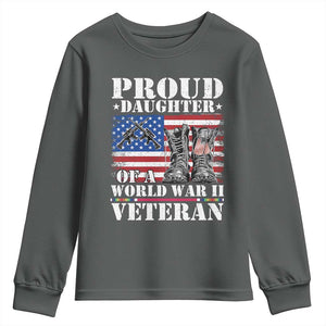 Proud Daughter Of A World War II Veteran Youth Sweatshirt American Flag Army Boots TS11 Dark Heather Print Your Wear