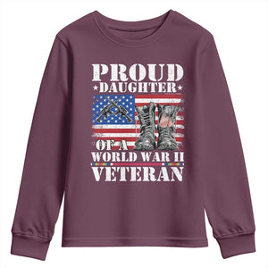 Proud Daughter Of A World War II Veteran Youth Sweatshirt American Flag Army Boots TS11 Maroon Print Your Wear