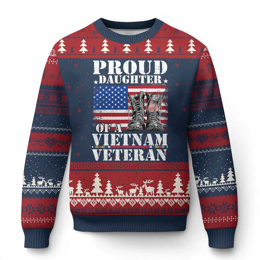 Proud Daughter Of A Vietnam Veteran Ugly Christmas Sweater American Flag Army Boots TS11 Navy Red Print Your Wear