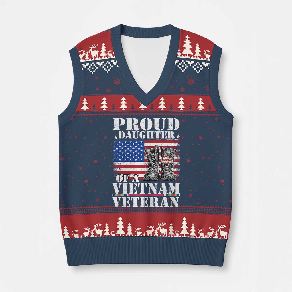 Proud Daughter Of A Vietnam Veteran V-Neck Knit Sweater Vest American Flag Army Boots TS11 Navy Red Print Your Wear