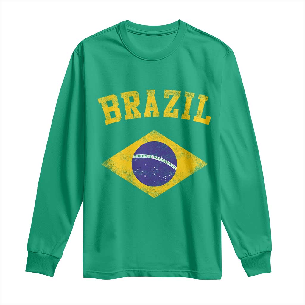 Vintage Brazil Flag Patriotic Brazilian Pride Long Sleeve Shirt TS11 Irish Green Print Your Wear